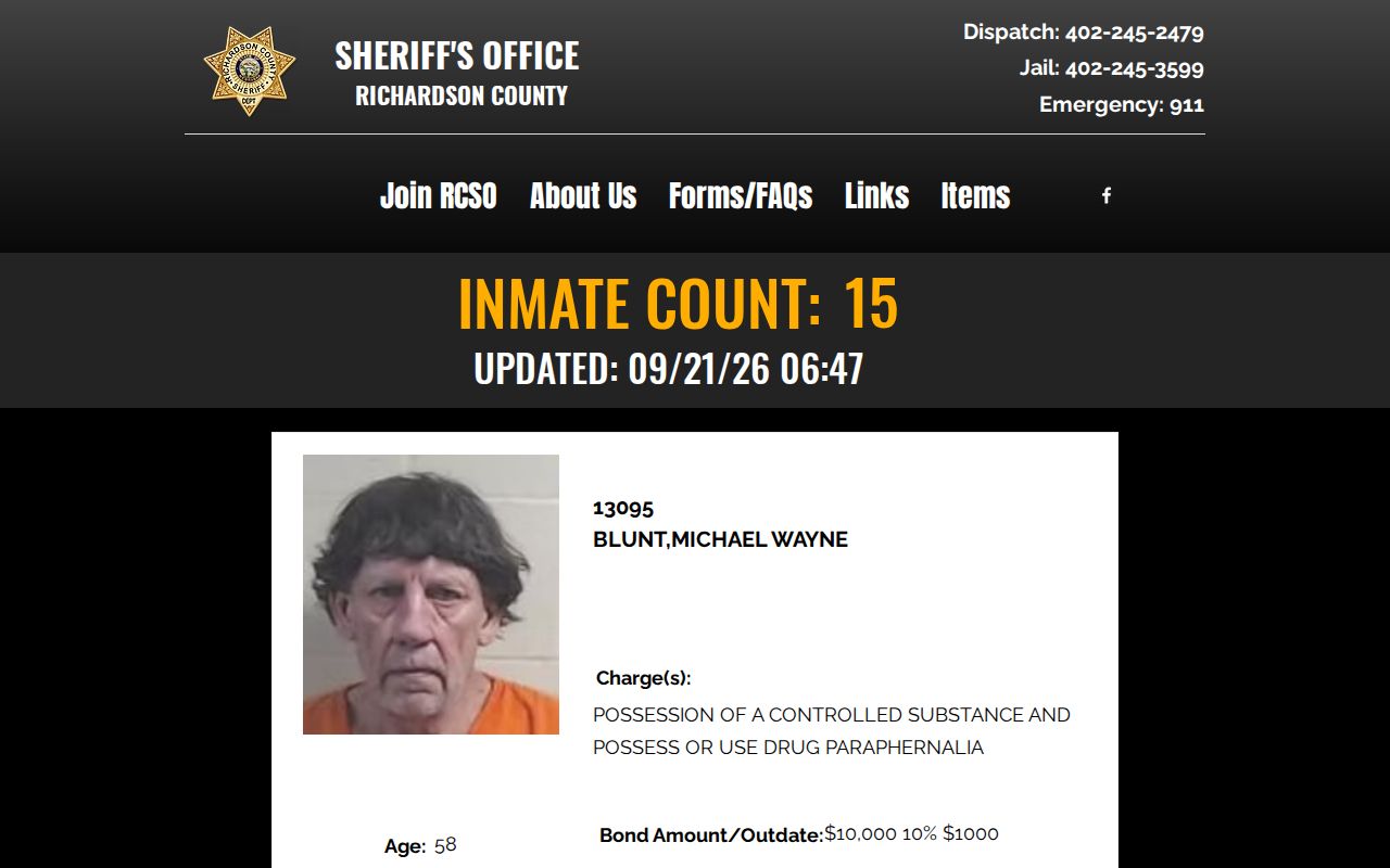 Richardson County active warrant status context from the sheriff custody display