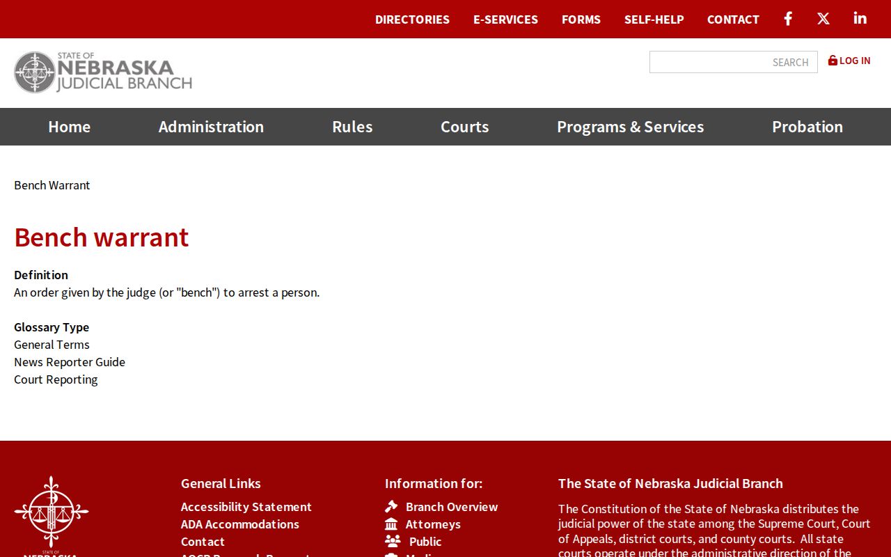 Nebraska Judicial Branch bench warrant guidance for Richardson County