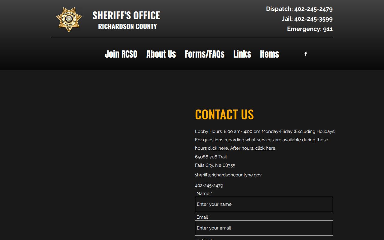 Richardson County sheriff contact form for warrant records questions